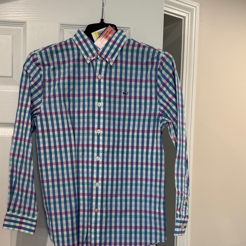 Boys Vineyard Vines Blue, Pink & Green Plaid Button-Down Shirt
